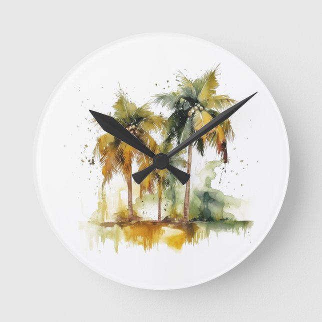 Relógio Redondo Palmeiras em trópicos verdes e amarelados (Frente)
