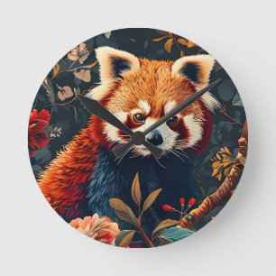Relógio Redondo Panda Vermelho Floresta Vintage Padrão Jardim Flor