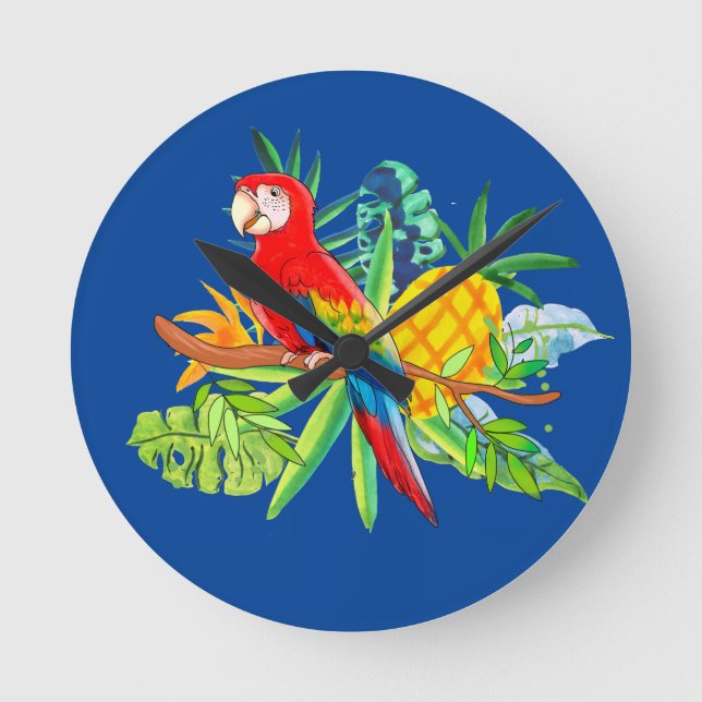 Relógio Redondo papagaio com planta tropical bandana (Frente)