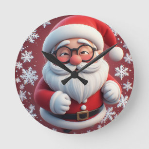 Relógio Redondo Papai Noel Alegre Rodeado de Flocos de Neve