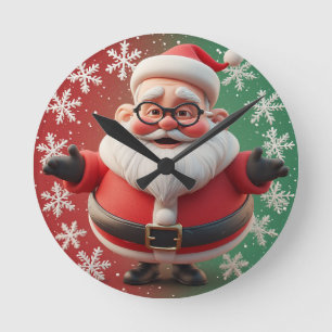 Relógio Redondo Papai Noel Alegre Rodeado de Flocos de Neve