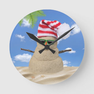 Relógio Redondo Papai Noel de Areia de Natal Tropical