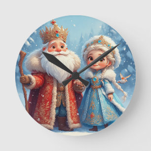 Relógio Redondo Papai Noel e Donzela de Neve Celebrando o Natal