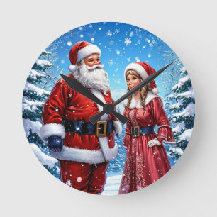 Relógio Redondo Papai Noel e Sra. Claus festivos