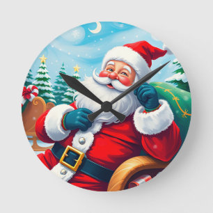 Relógio Redondo Papai Noel Feliz Relaxando no Trenó Festivo