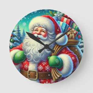 Relógio Redondo Papai Noel Festivo Segurando um Saco de Presentes