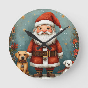 Relógio Redondo Papai Noel Fofo com Cachorros em Ambiente Festivo