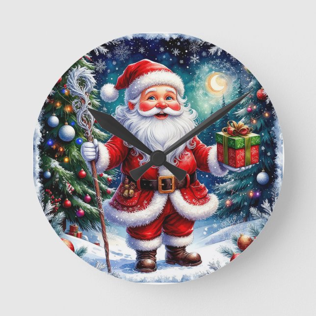 Relógio Redondo Papai Noel segurando um presente em um Natal mágic (Frente)