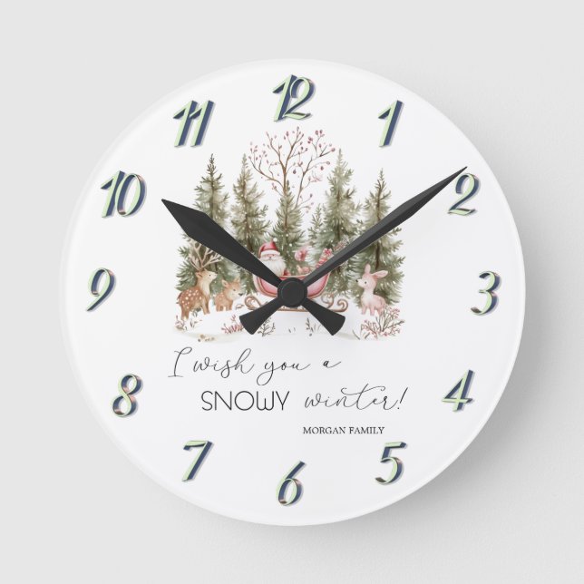 Relógio Redondo Papai Noel, Sleigh, Apresenta o Natal da Floresta (Frente)