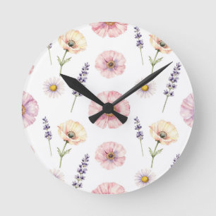 Relógio Redondo Papoula Rosa Lavanda Margarida Floral Aquarela 