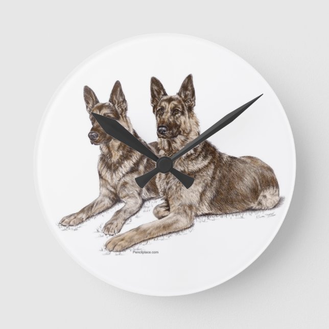 Relógio Redondo Par de Cães German shepherd (Frente)