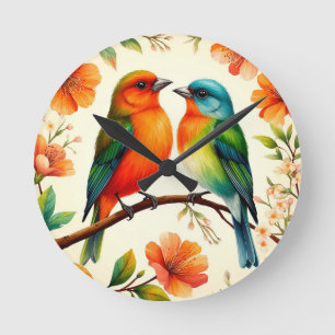 Relógio Redondo Par de pássaros coloridos sentados em meio a flore