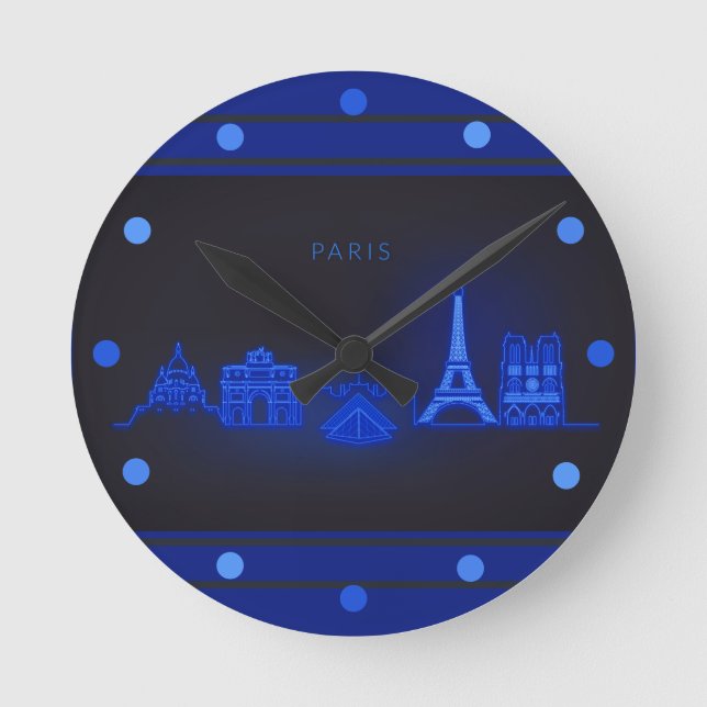 Relógio Redondo Paris Skline Neon Blue Look Cityscape Wall (Frente)
