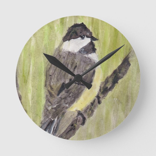 Relógio Redondo Pássaro Chickadee de casaco preto - pintura acríli (Frente)