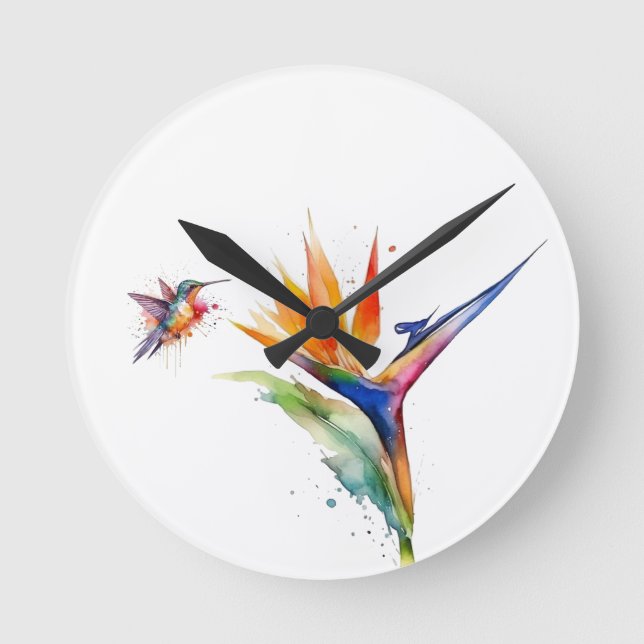 Relógio Redondo Pássaro do paraíso e beija-flor na aquarela (Frente)