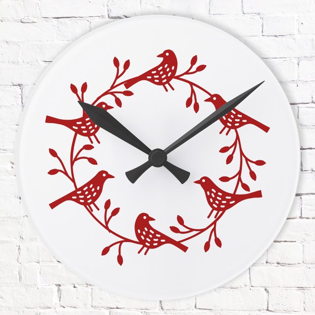 Relógio Redondo Pássaro Festivo e Flor Scandi Wreath (Red and white festive Scandinavian bird wall clock)