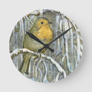 Relógio Redondo Pássaro Robin vintage em um galho nevado