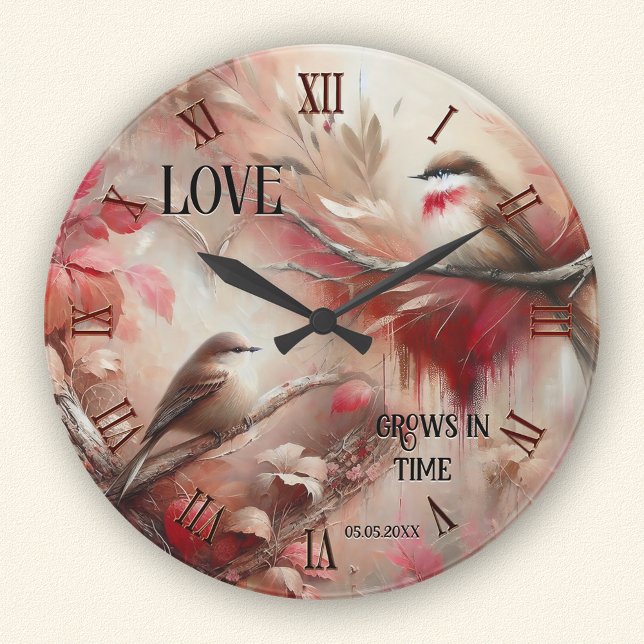 Relógio Redondo Pássaros Românticos Com Amor (Wall clock featuring a whimsical painting of two cute birds - with classic elegant Roman numerals)
