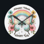 Relógio Redondo Pastel Hippie "Feliz Mente Feliz Vida"<br><div class="desc">Travesseiro decorativo do Pastel Hippie "Happy Mind Happy Life"</div>