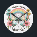 Relógio Redondo Pastel Hippie "Feliz Mente Feliz Vida"<br><div class="desc">Travesseiro decorativo do Pastel Hippie "Happy Mind Happy Life"</div>