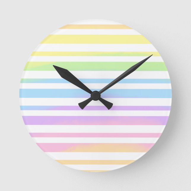 Relógio Redondo Pastel Rainbow Stripes Abstrato Blur Art Design (Frente)