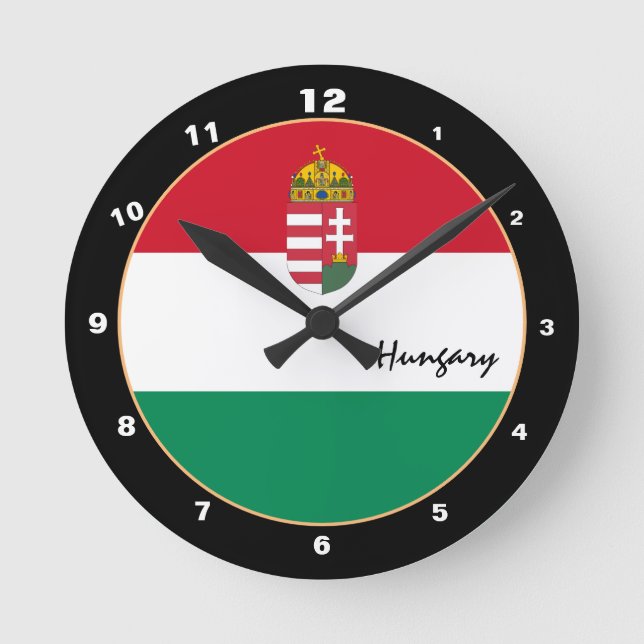 Relógio Redondo Patriótica Hungria, Bandeira Húngara Lar/design (Frente)