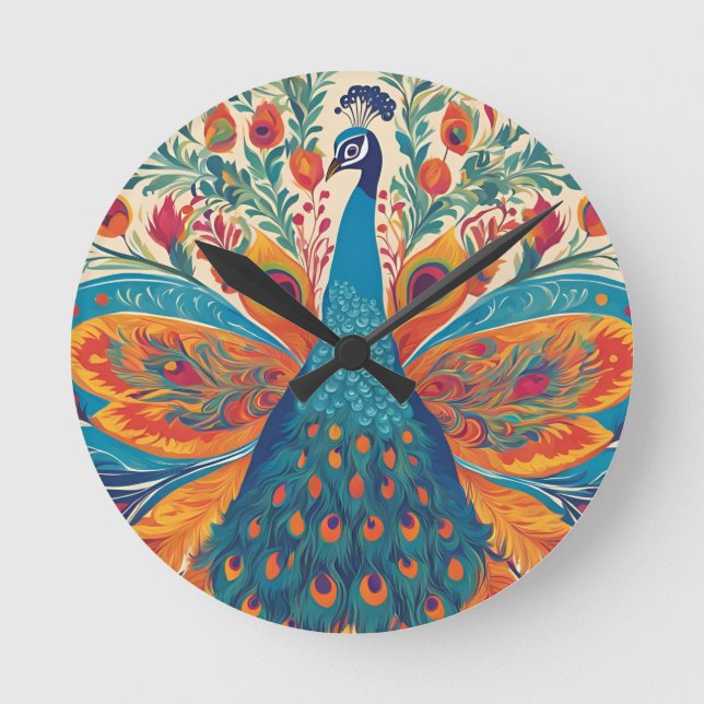 Relógio Redondo "Peacock vibrante no estilo de arte popular mexica (Frente)
