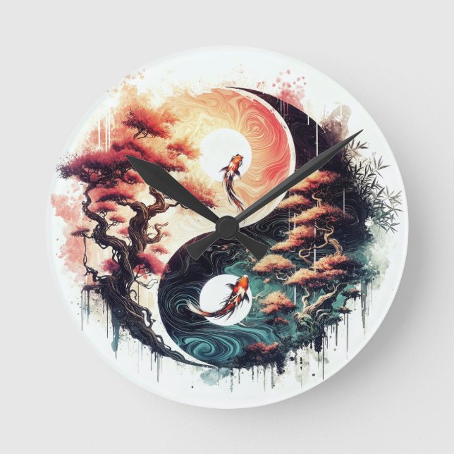 Relógio Redondo Peixe Koi e Yin Yang do Templo (Frente)