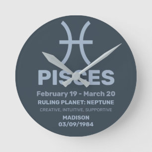 Relógio Redondo Peixes de Sinal Zodiac/Nome Personalizado