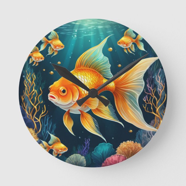 Relógio Redondo Peixes Dourados submarinos (Frente)