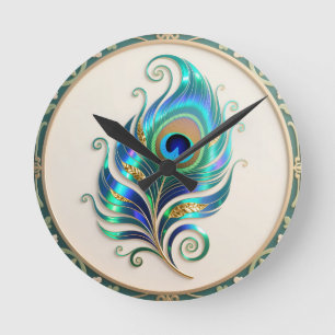 Relógio Redondo Pena de Pavão Iridescente Art Nouveau