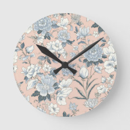 Relógio Redondo Peônias Azuis Floral Botânico Vintage Pêssego