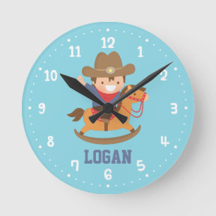 Relógio Redondo Pequeno Cowboy em Cavalinho de Pau Quarto de Menin
