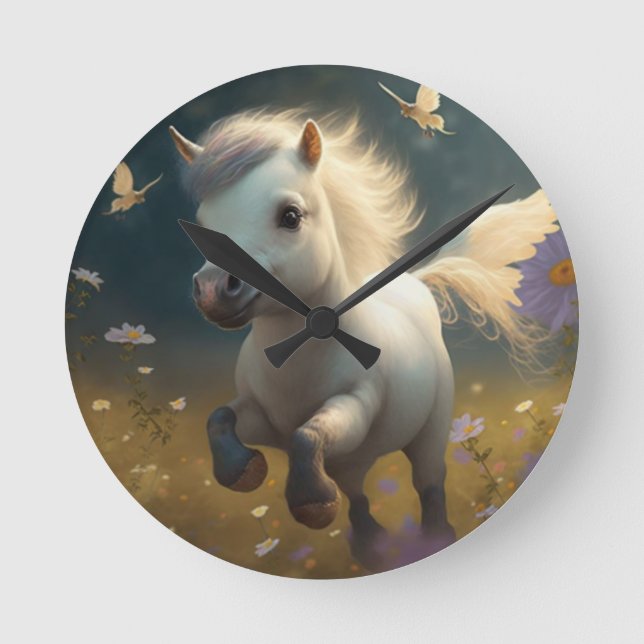 Relógio Redondo Pequeno pônei floral bonito dos Unicórnios voadore (Frente)