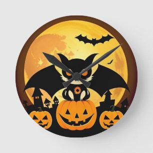 Relógio Redondo Personagem de Gato de Halloween Fofo com Abóboras