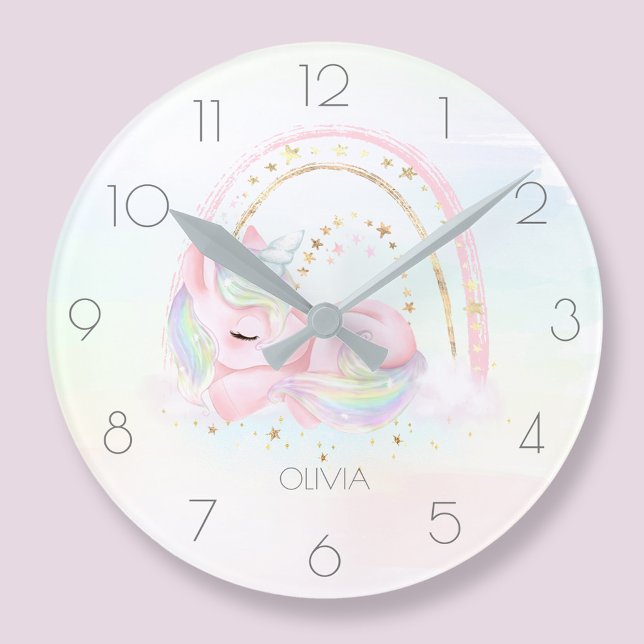 Relógio redondo personalizado de uma menina unicór (Personalized cute unicorn girl rainbow round clock)