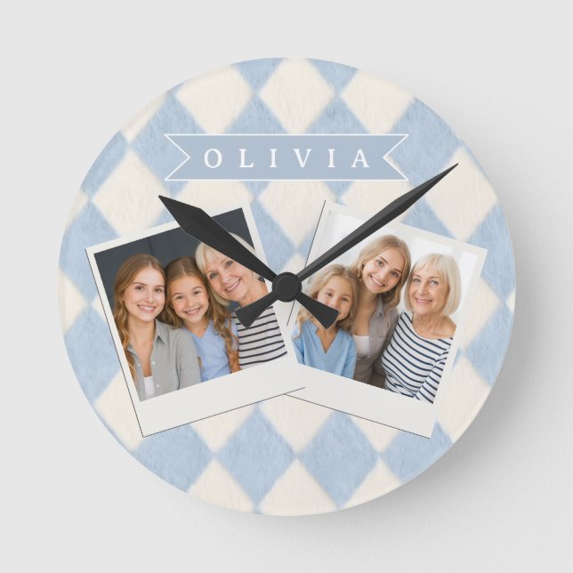 Relógio Redondo Personalizado Preppy Azul Suave Fofinho Argyle Nom (Frente)