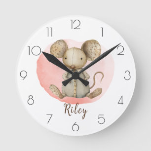 Relógio Redondo Personalizar o quarto da Watercolor Mouse Nursery 