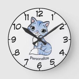 Relógio Redondo Personalize o desenho animado de Kitten Azul, boni