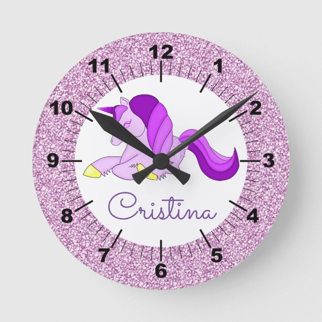 Relógio Redondo Personalize Seu Próprio Unicórnio Roxo (Frente)