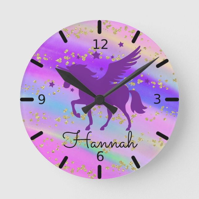 Relógio Redondo Personalize Seu Próprio Unicórnio Roxo (Frente)