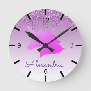 Relógio Redondo Personalize Seu Próprio Unicórnio Roxo De Glitte