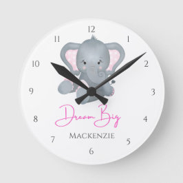 Relógio Redondo Personalize Sonhe Grande Elefante Rosa Cinza Menin