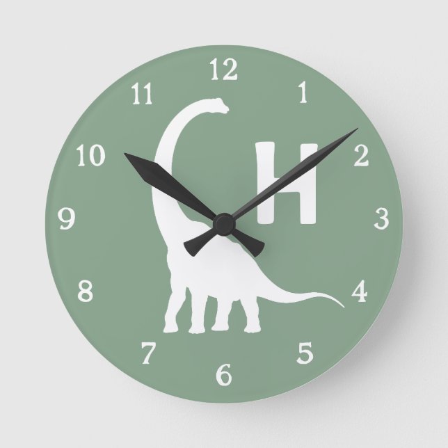 Relógio Redondo Personalized Brontosaurus Kids Wall Clock Sage Gre (Frente)