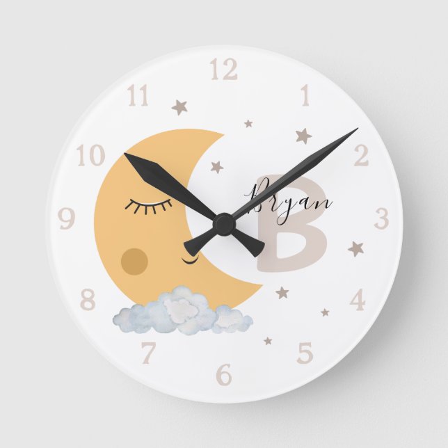 Relógio Redondo Personalized Moon Nursery Wall Clock Neutral Beige (Frente)