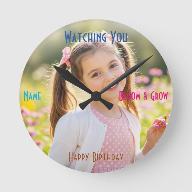 Relógio Redondo Personalized Photo & Text Custom Birthday Gift (Frente)