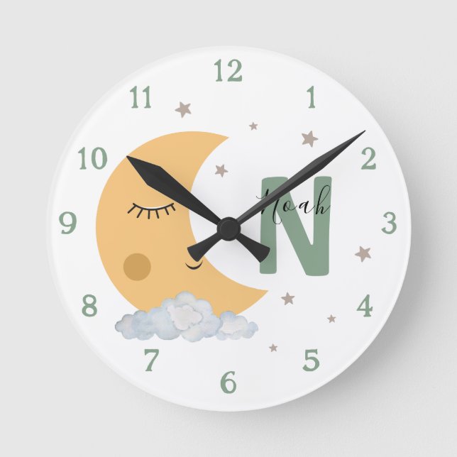 Relógio Redondo Personalized Sage Green Moon Nursery Clock Custom (Frente)