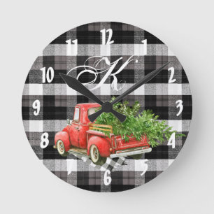Relógio Redondo Personalized Wall Clock XMAS Truck Baffalo Plaid B