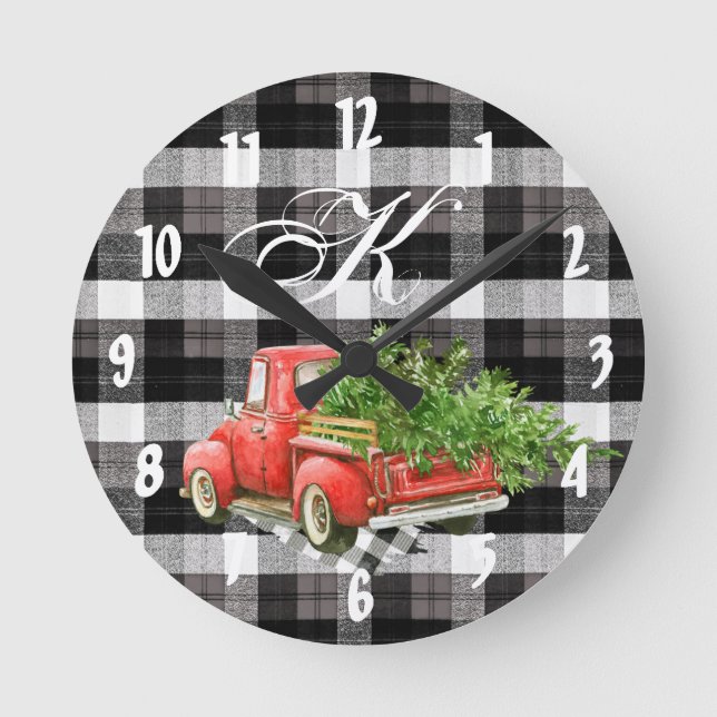 Relógio Redondo Personalized Wall Clock XMAS Truck Baffalo Plaid B (Frente)