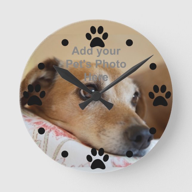 Relógio Redondo Pet Paw com sua foto de estimação Wall Clock (Frente)